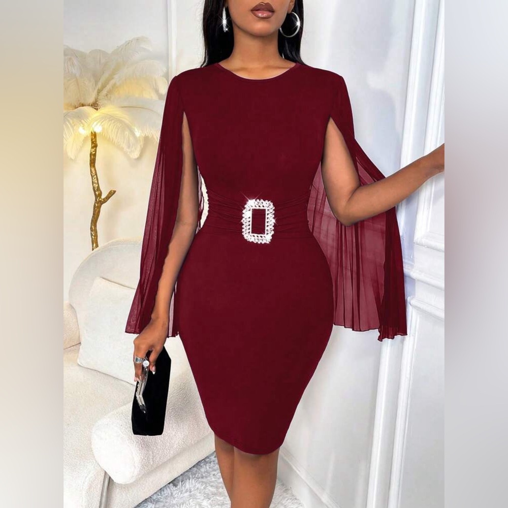 Elegant Burgundy Dress with Belted Detail